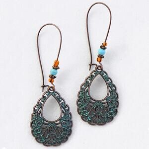 3/15 NWT Boho Howlite turquoise filigree copper teardrop drop beaded earrings